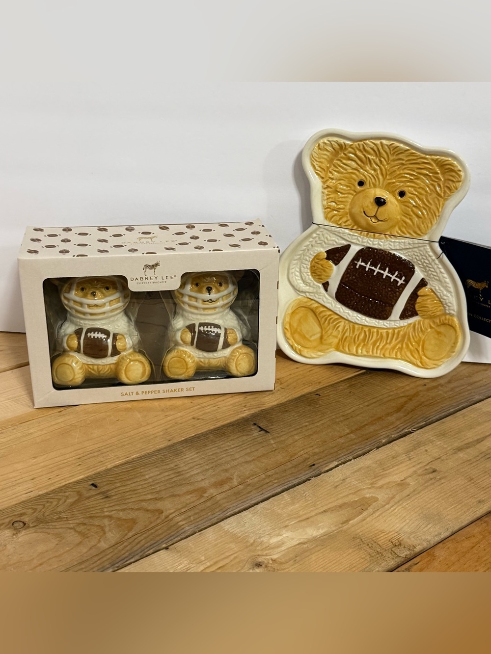 Dabney Lee NWT Football Teddy Bear Salt & Pepper Shakers & Platter Set NEW